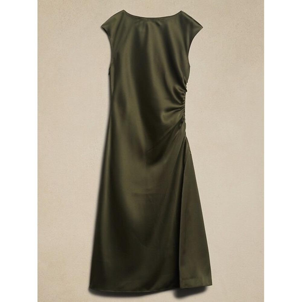 Banana Republic Olive Green Satin Ruched Midi Dress Cap Sleeve Size 8 - Picture 4 of 9